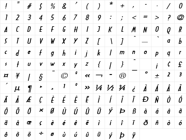 Tech-Wide Bold Italic  glyph index