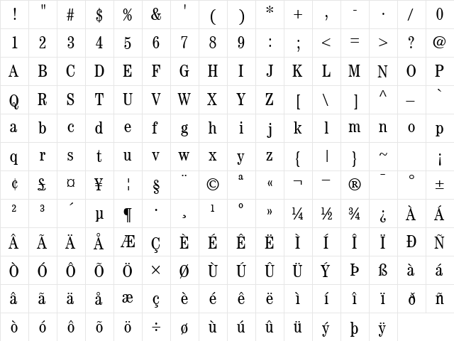 CenturyCondSSK Regular  glyph index