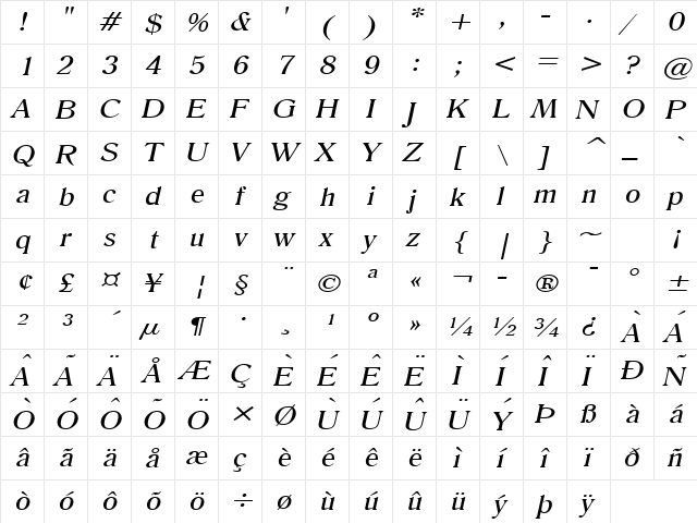 Roomy Wide Italic  glyph index