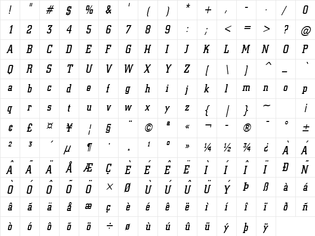 Geo 957 Condensed Italic  glyph index