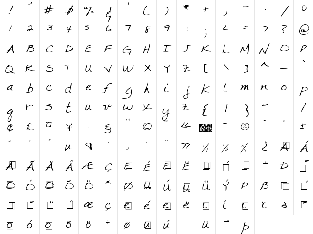 CrystalsHand Regular  glyph index