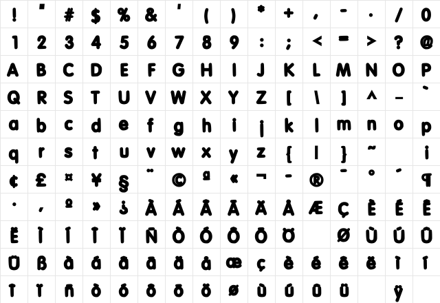 Elementary SF Black Bold  glyph index