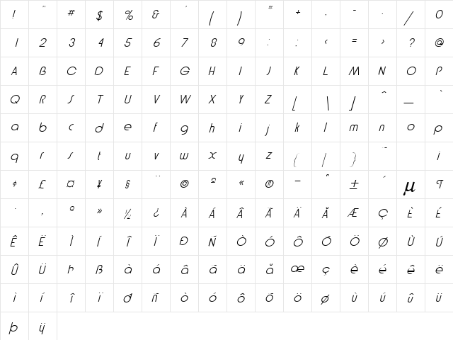 Bethel-Italic Normal  glyph index