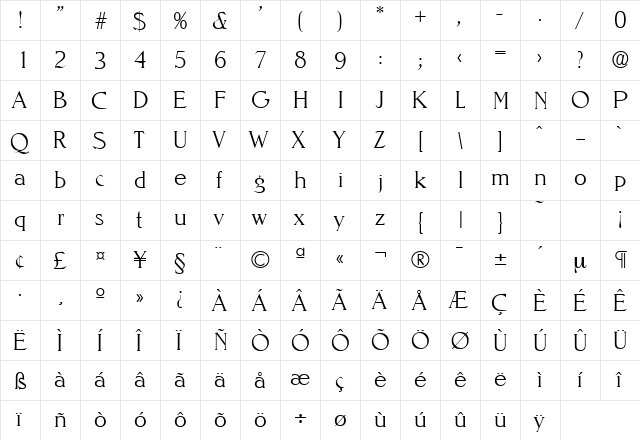 Nevada-Serial-ExtraLight Regular  glyph index