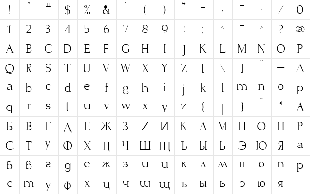 CrispCyr Regular  glyph index