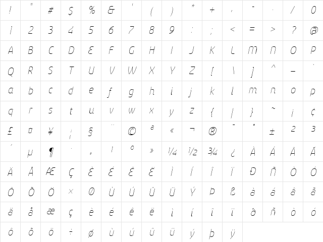 Sancoale Thin Italic  glyph index