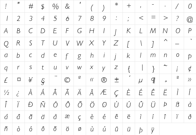 GarrisonSans-LightItalic Regular  glyph index