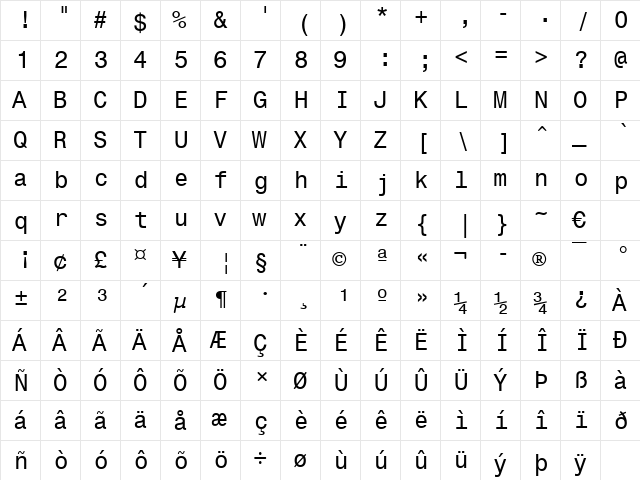 Monospac821 WGL4 BT Roman  glyph index