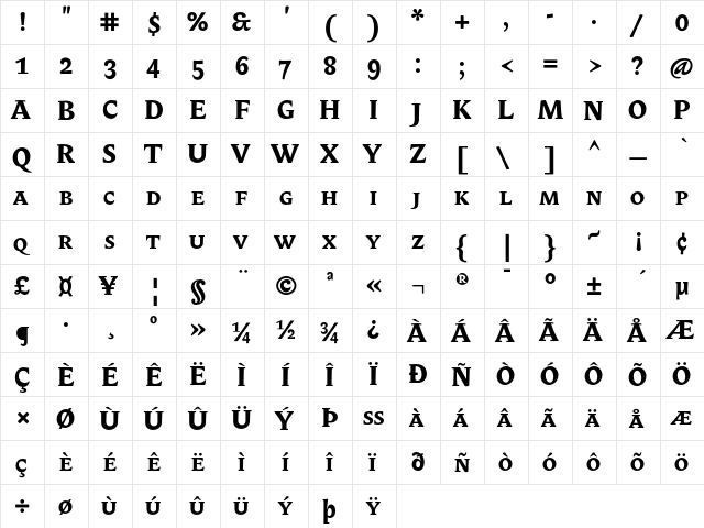 Biblon SC OT Bold  glyph index