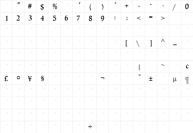 BeckenhamMediumTab Roman  glyph index
