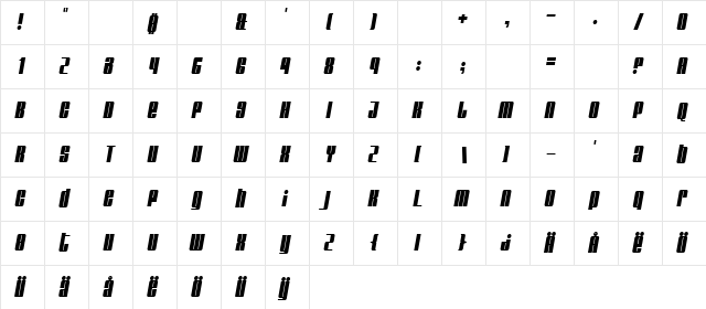 Glare Italic  glyph index