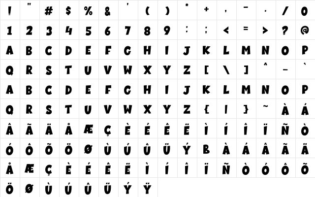 Super Boom Regular  glyph index