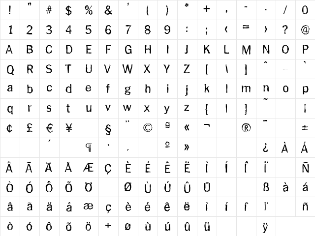 PlymouthRandom Regular  glyph index