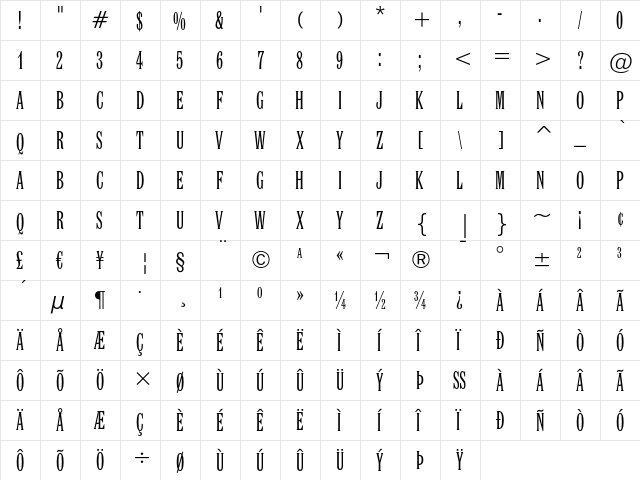 Latin Extra Condensed Regular  glyph index