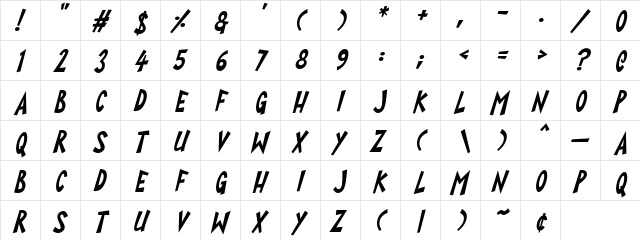 Super Toons Italic  glyph index