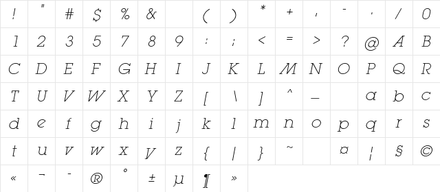 LugaExtraLightAdC Italic  glyph index