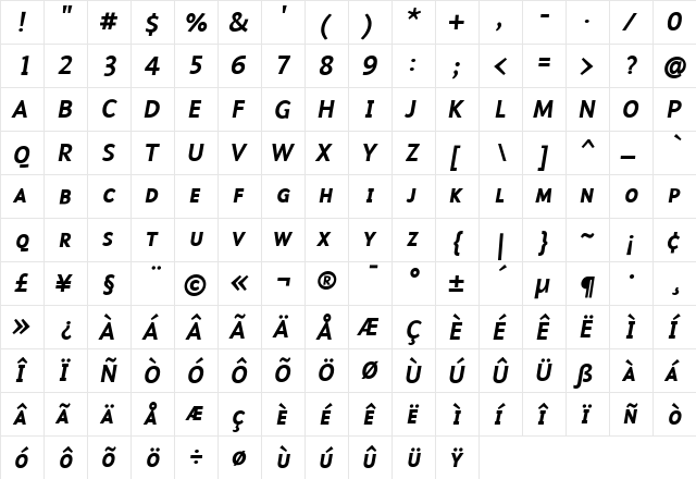 Malcom Medium Italic  glyph index