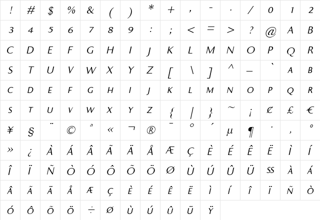 Ela Sans SemiLight Caps Italic  glyph index