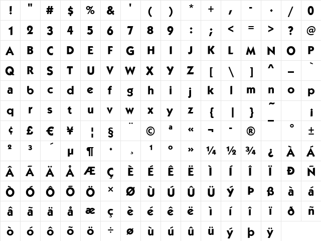 Koblenz-Bold Regular  glyph index