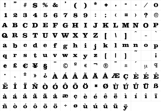 ClareSerial-Heavy Bold  glyph index