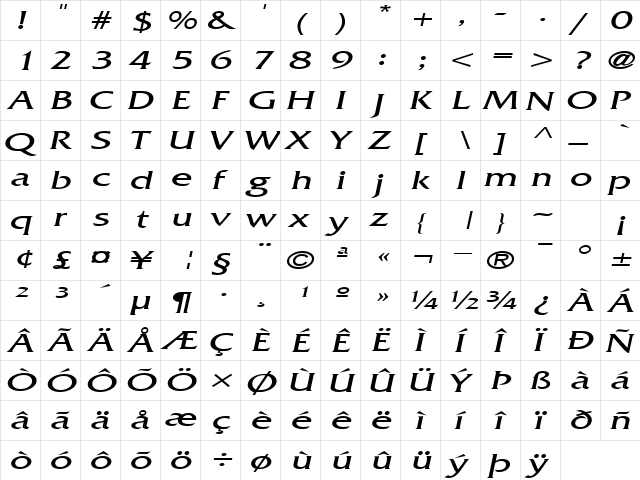 AllianceExtended Italic  glyph index