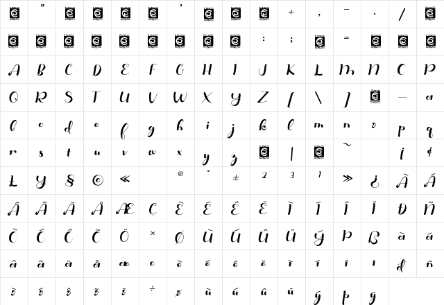 Anitya Regular  glyph index