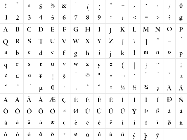 Adobe Jenson Pro Bold Display  glyph index