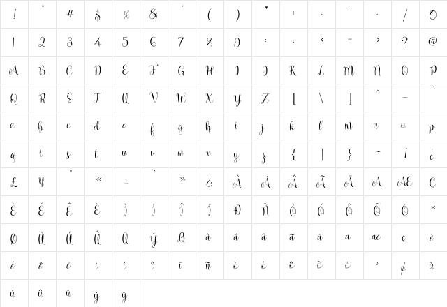 Marcellina Script Regular  glyph index