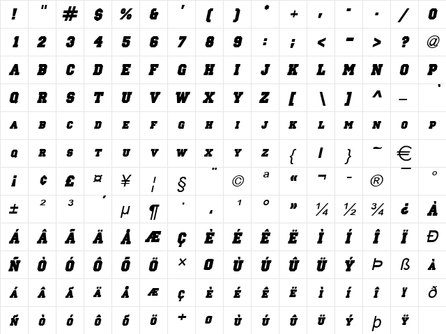 PrincetonSolid Italic  glyph index
