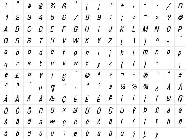Eurasia Condensed BoldItalic  glyph index