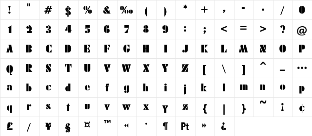 Burnette Heavy Regular Regular  glyph index