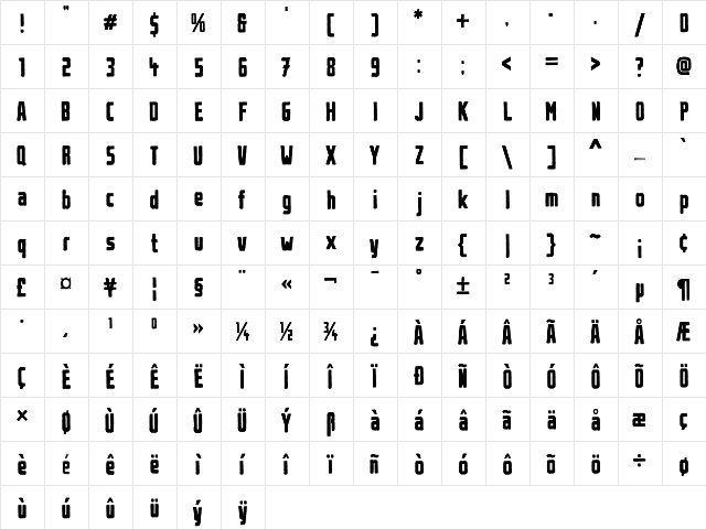 Urban Brush Regular  glyph index