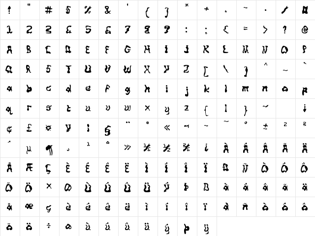 Squiggly Regular  glyph index