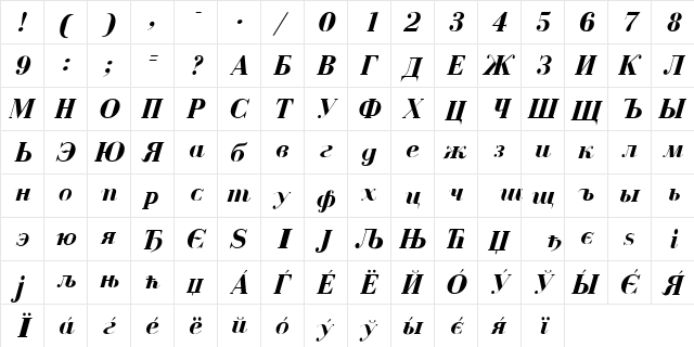 Czar Bold Italic  glyph index