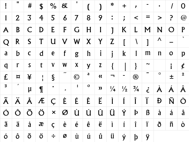 Albertus MT Regular  glyph index