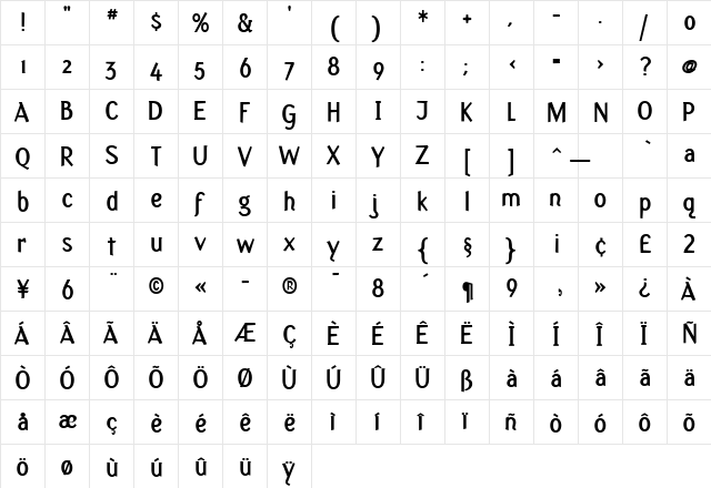 Fasciani-Senza Bold  glyph index