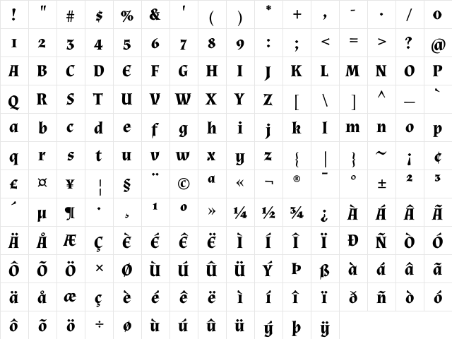 Almendra Bold  glyph index