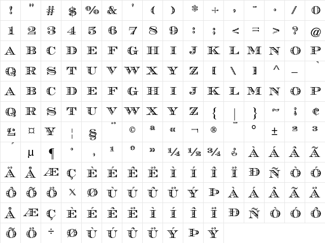 Chevalier AT Regular  glyph index