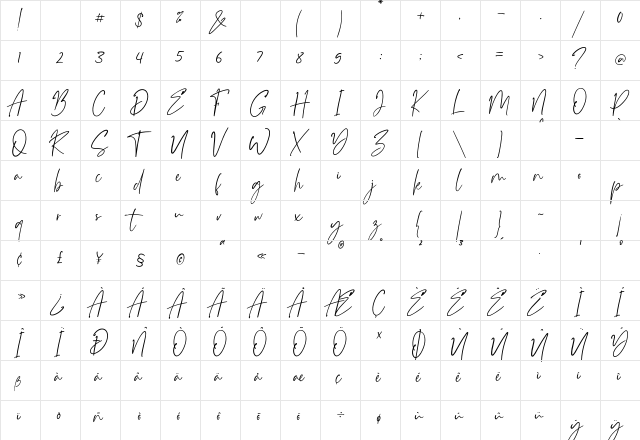 Monatta Regular  glyph index