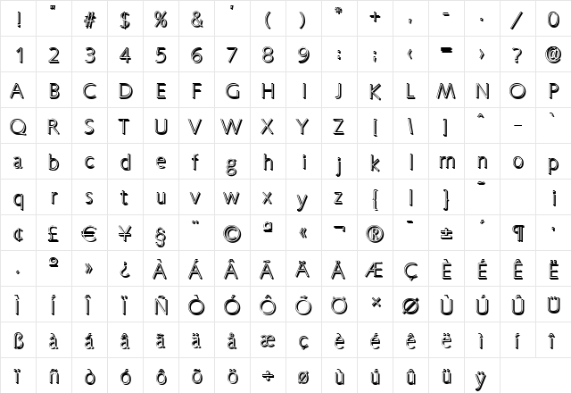 RogerBeckerShadow-Xlight Regular  glyph index