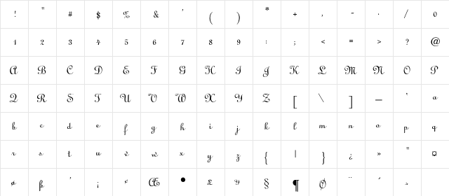 Mozart-Light Regular  glyph index