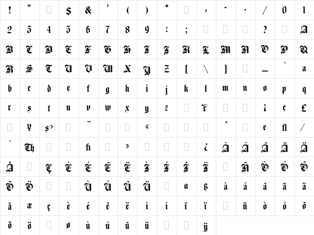 Agincourt LET Regular  glyph index