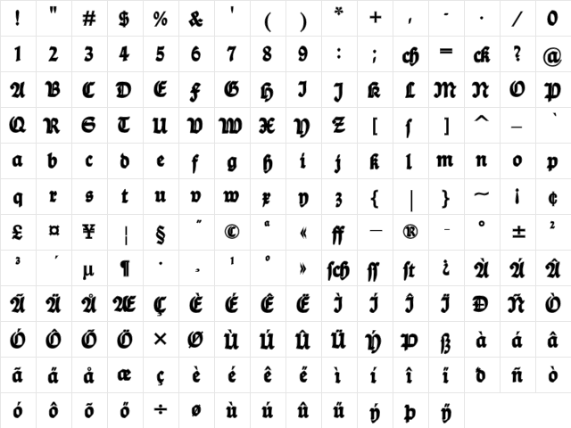 Ballade Contour Regular  glyph index
