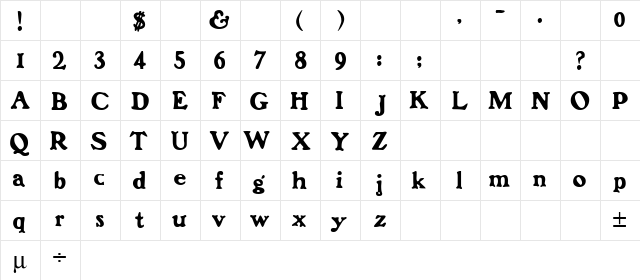 Eluthera Regular  glyph index