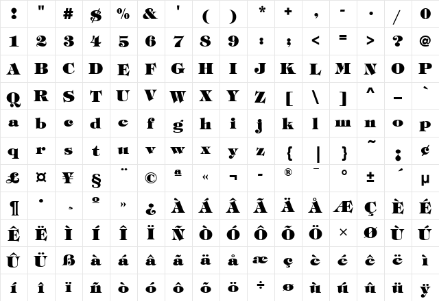 TiffanyMdITC Heavy  glyph index