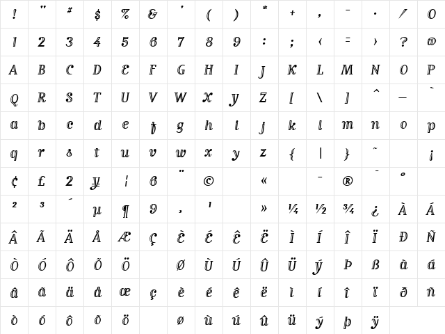 MatrixInlineScriptLining Regular  glyph index