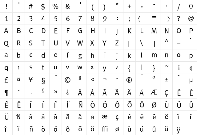MetaPlusLining Regular  glyph index