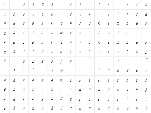 Pepperland Gradient Italic Italic  glyph index