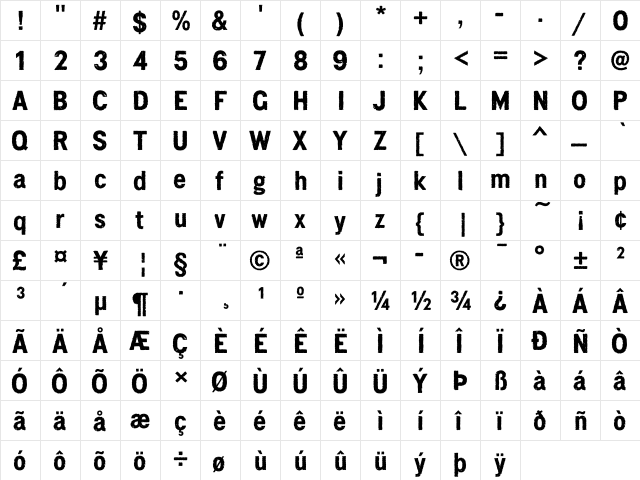 Penny Lane Corroded Bold Bold  glyph index