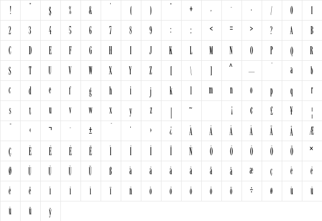 Latino Elongated Std Regular  glyph index